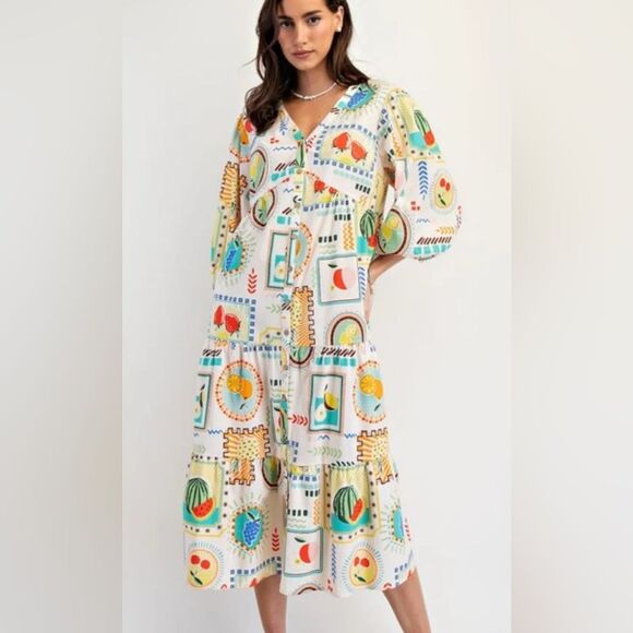 Easel Multicolor fruit pattern Long Sleeve Dress size 2x - Picture 1 of 7
